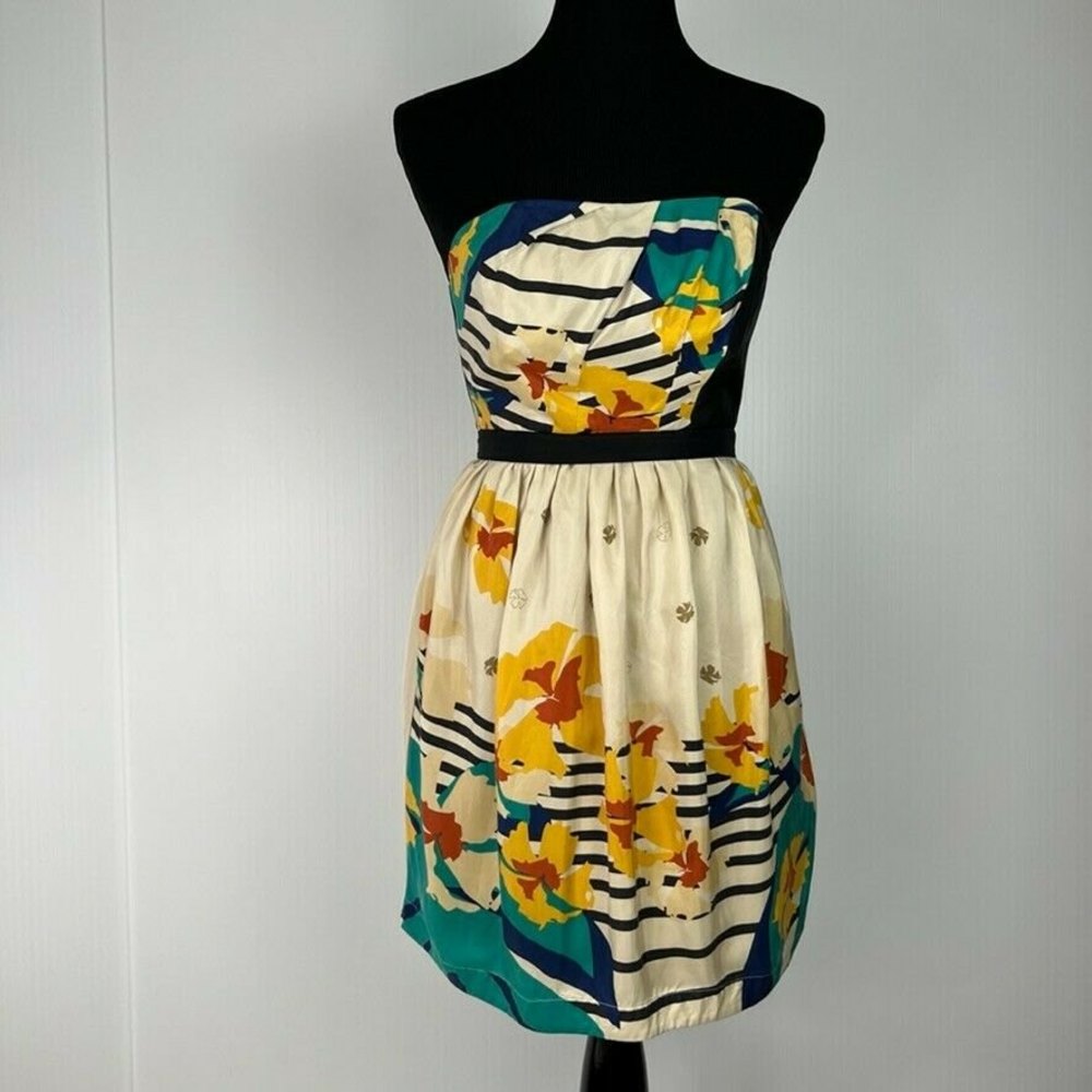 Hype Dress Womens 0 Mini 100% Silk Empire Elastic Waist Lined Floral Beige Boho